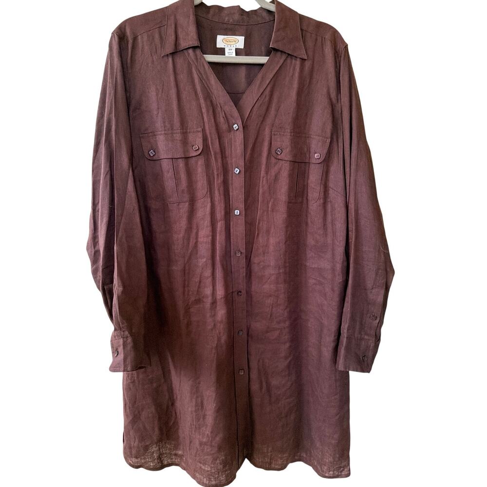 Talbots 100% Linen Shirt Dress Women's Size 16W Chocolate Brown Timeless Chic